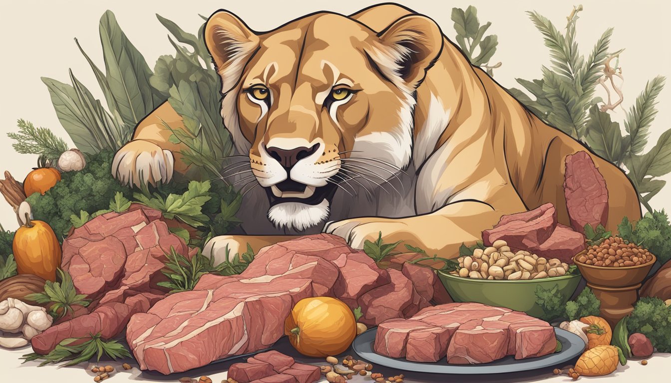 A lioness feasting on a fresh kill, surrounded by a variety of raw meat and bones, representing the nutritional profile of a carnivore diet