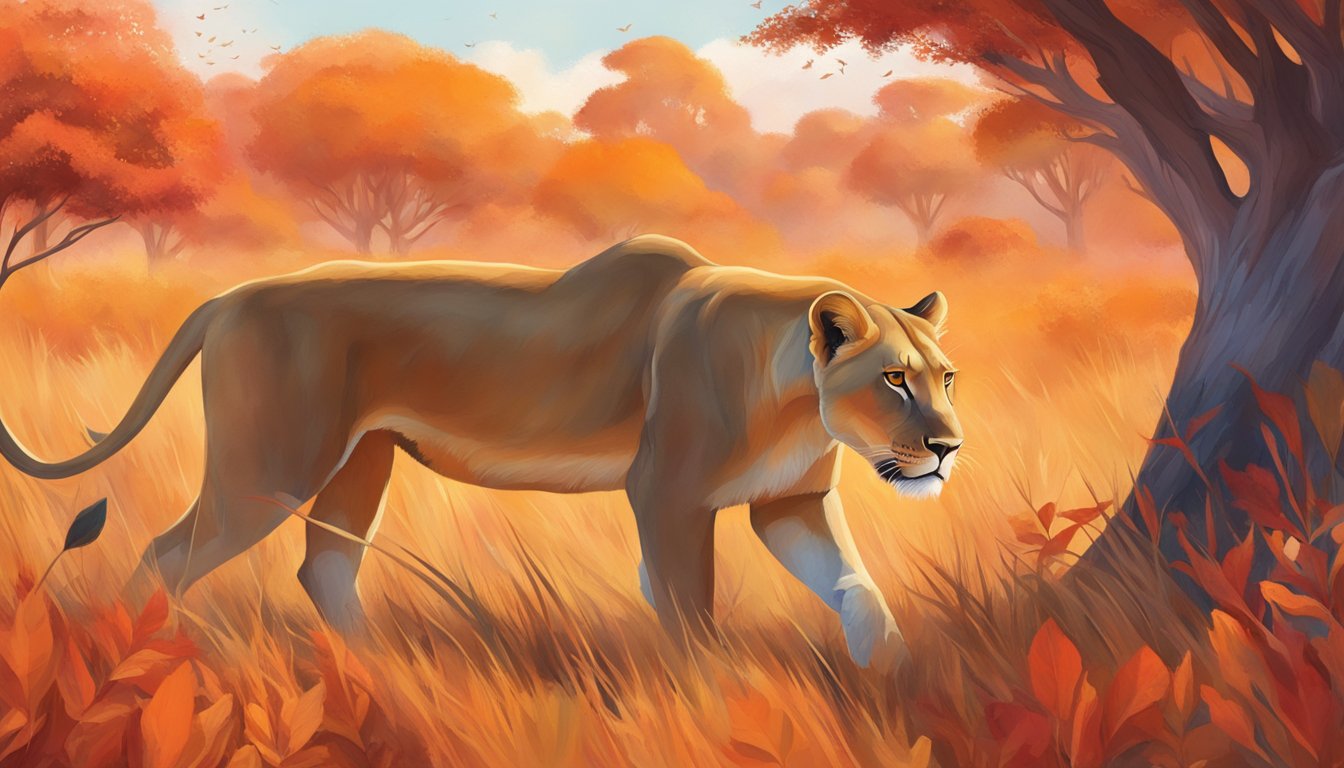 A lioness prowls through a savanna, surrounded by vibrant red and orange foliage. The air is filled with a sense of heat and tension, symbolizing the concept of inflammation and oxidative stress in the carnivore diet