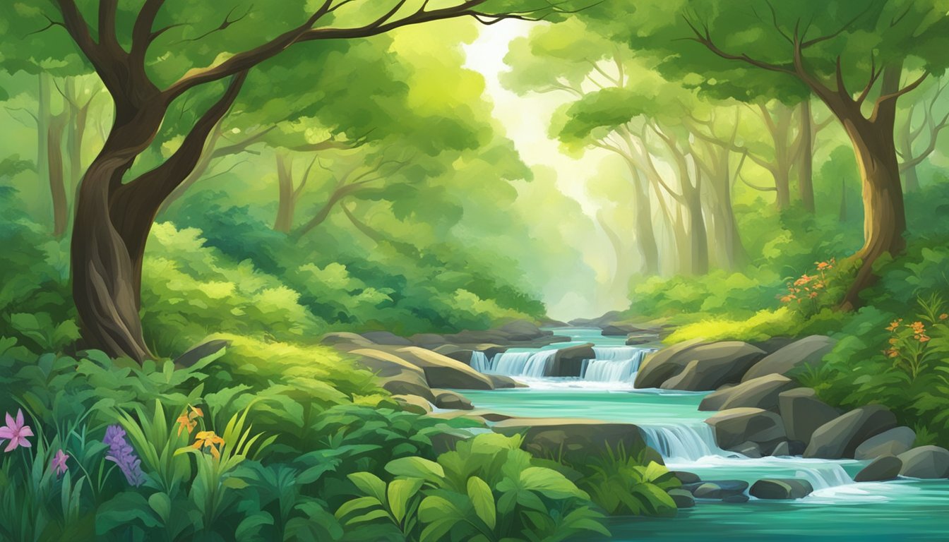 A serene forest with vibrant green foliage and a clear, flowing stream, surrounded by a diverse array of wildlife