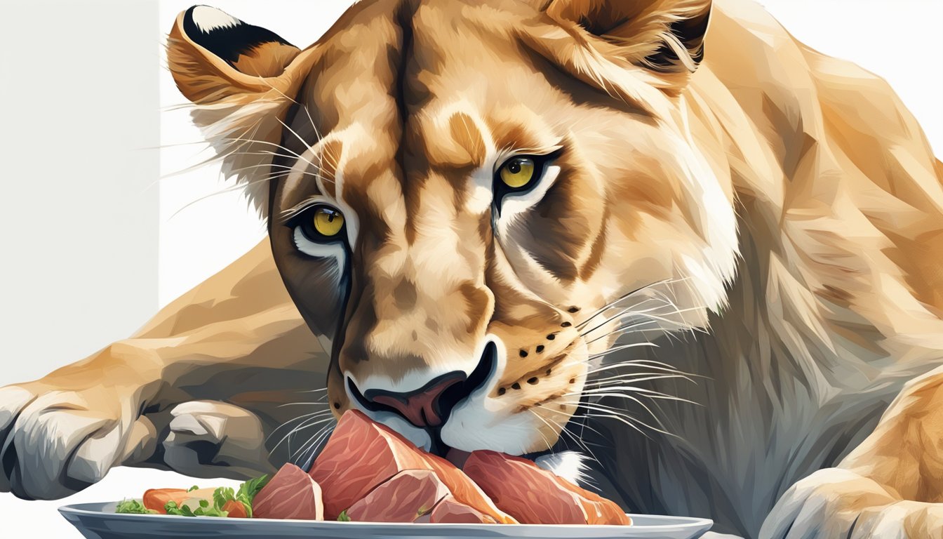 A lioness feasting on a fresh kill, her powerful jaws tearing into the meat as she maintains her strength and cognitive sharpness on a carnivore diet