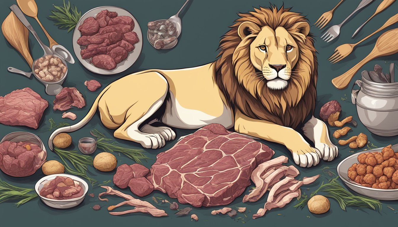 A lion surrounded by raw meat, bones, and organs, with a pile of empty spoons next to it