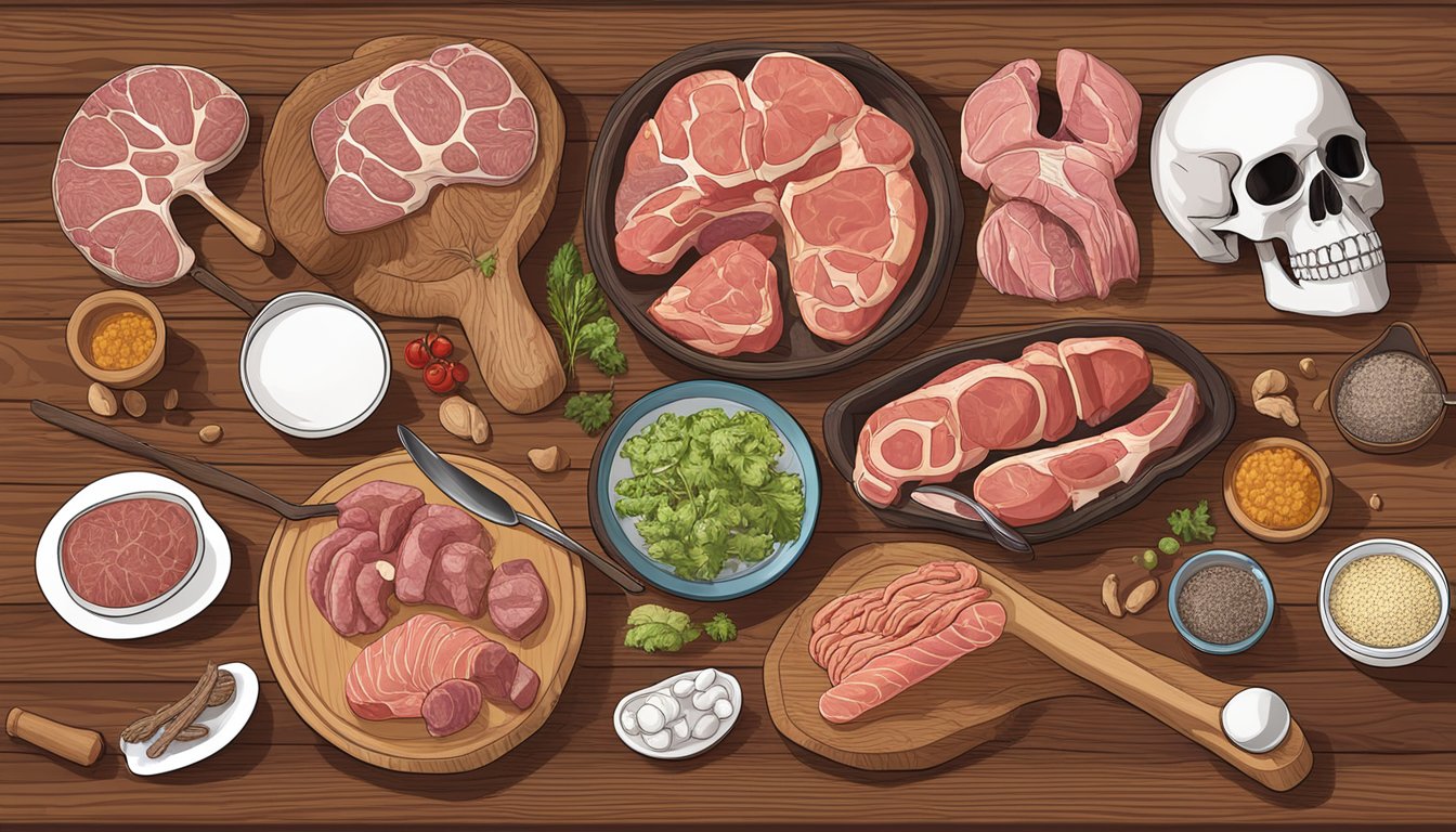 A carnivore diet: a variety of raw meats and bones arranged on a wooden table with a spoon and digestive system diagram