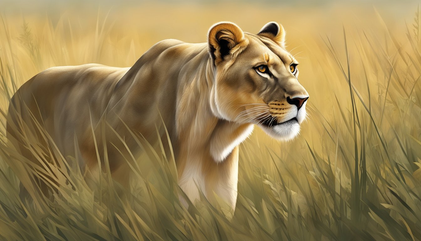 A lioness prowls through a grassy savanna, stalking her prey with focused determination. Her sharp eyes and powerful physique exemplify the benefits of the Carnivore Diet in supporting cognitive aging