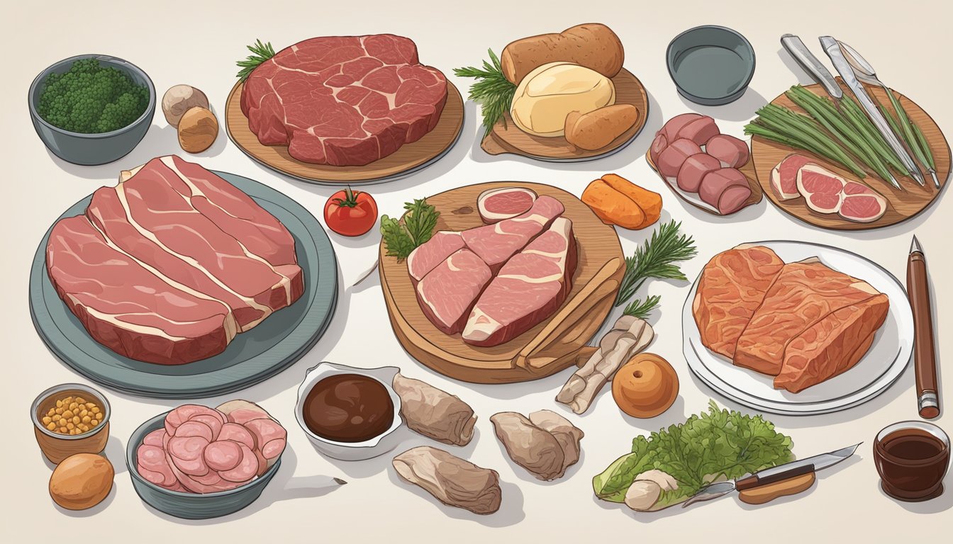 A variety of raw meats and animal products arranged on a table, with a notebook and pen for meal planning