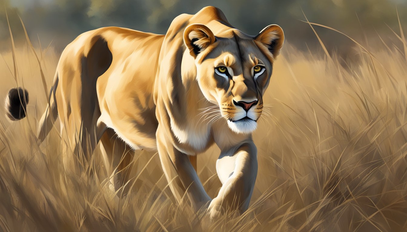 A lioness prowls through a savanna, hunting for prey. Her sharp eyes and focused demeanor depict the cognitive sharpness that comes with a carnivore diet