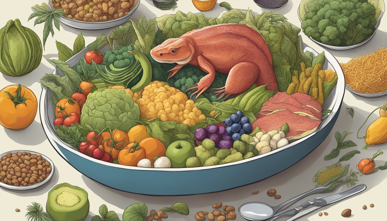 A carnivorous animal surrounded by various nutrient-rich foods, with a spoon symbolizing the effort needed to address nutrient deficiencies