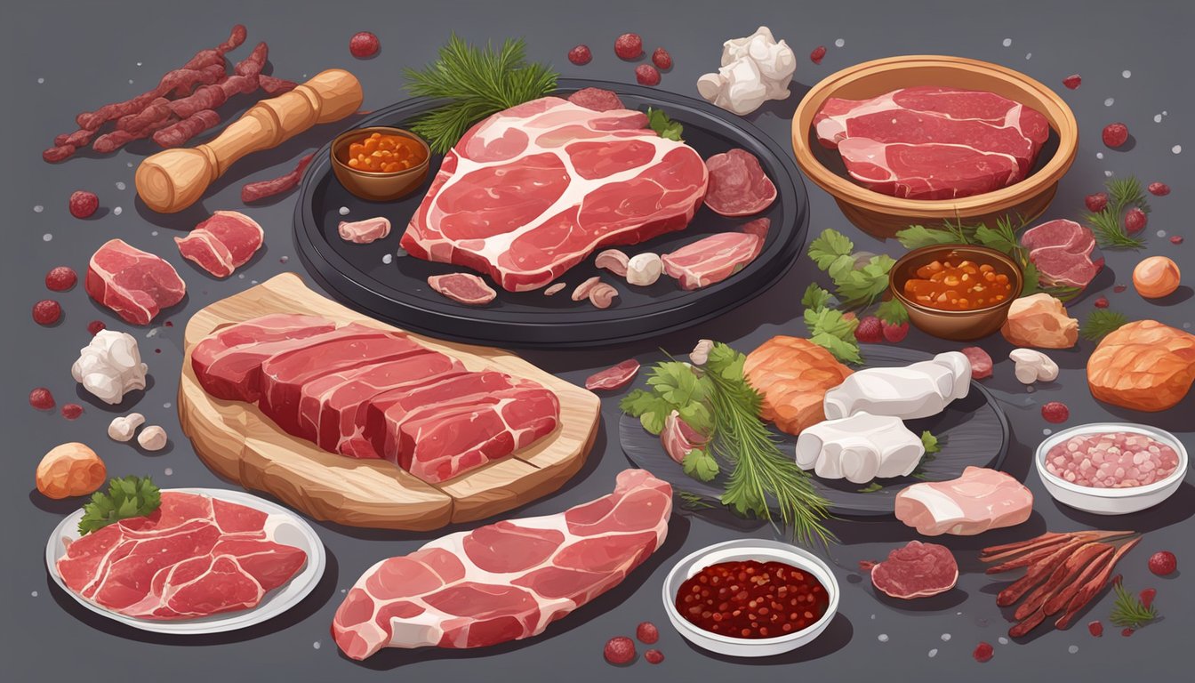 A table set with a variety of raw meats and bones, surrounded by scattered blood droplets