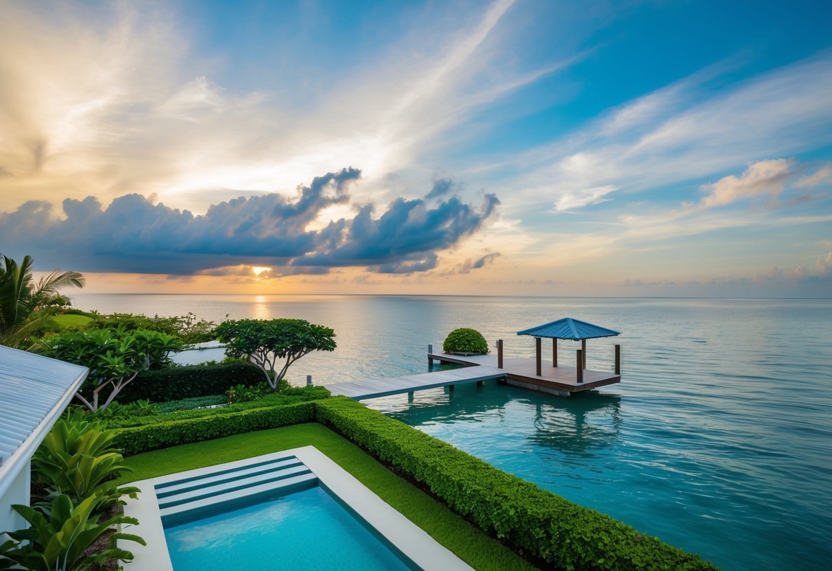 A serene waterfront property in Cebu, with a well-maintained garden, a private dock, and a stunning view of the ocean