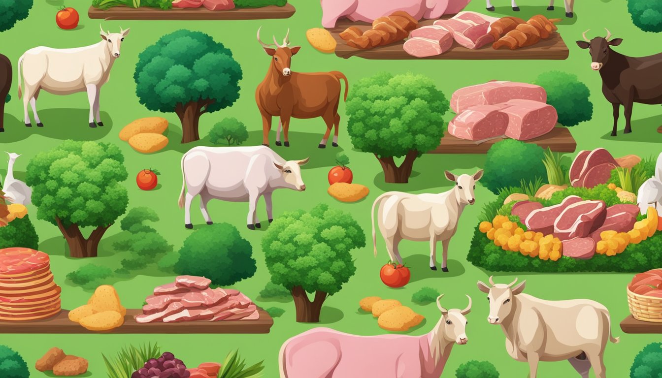 A lush, green landscape with a variety of meat and animal products arranged in a balanced and visually appealing composition