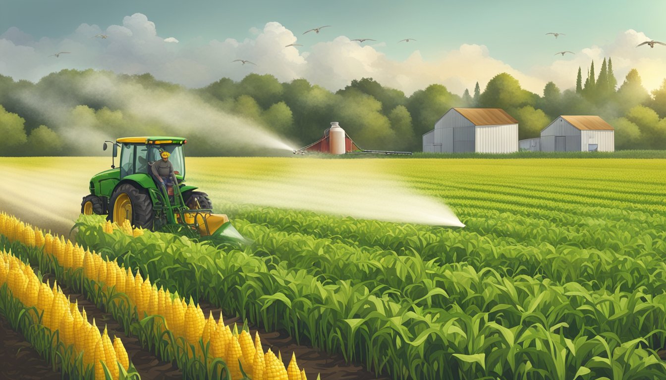 A farmer spraying glyphosate on a field of genetically modified corn, with warning signs and regulations posted nearby