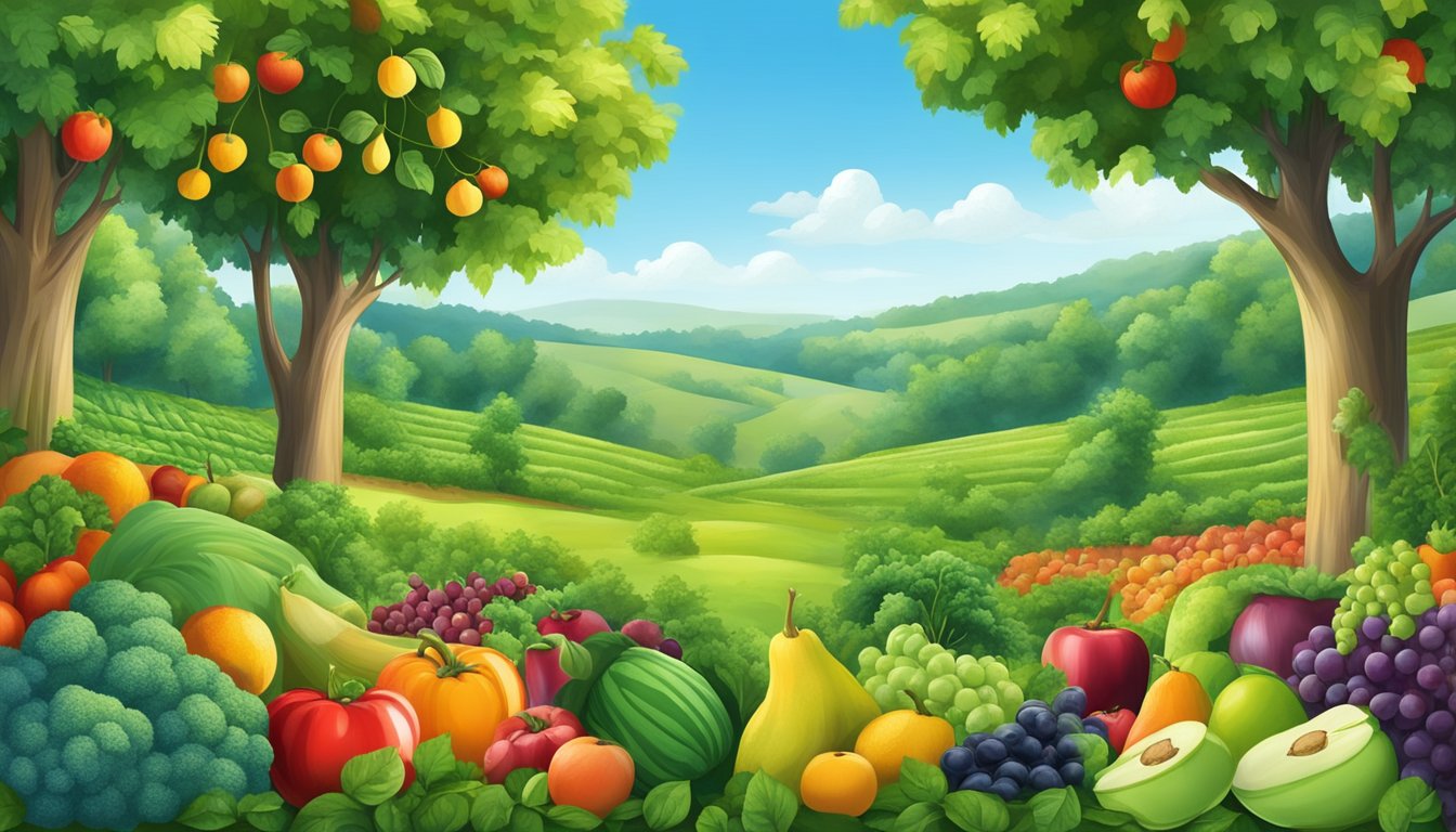 A lush green field with a variety of fruits and vegetables growing, surrounded by tall trees and clear blue skies