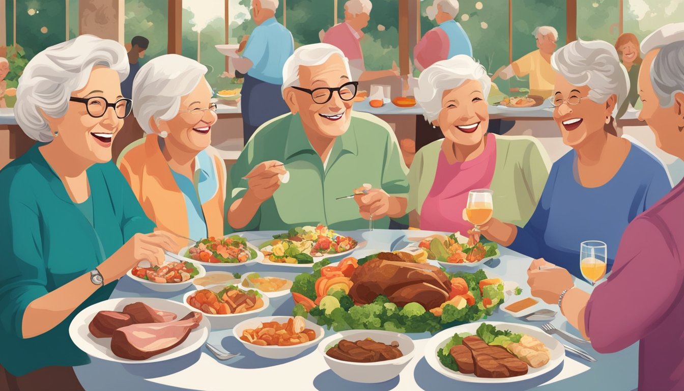 A diverse group of older adults engaging in social activities while enjoying a meal of assorted meats, fish, and vegetables. The atmosphere is vibrant and filled with laughter and conversation