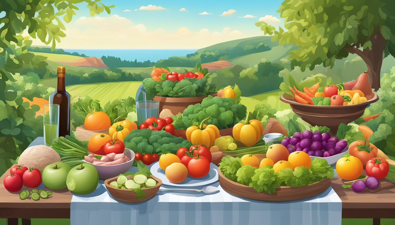 A table set with fresh vegetables, fruits, and lean meats, surrounded by a vibrant garden and a clear blue sky