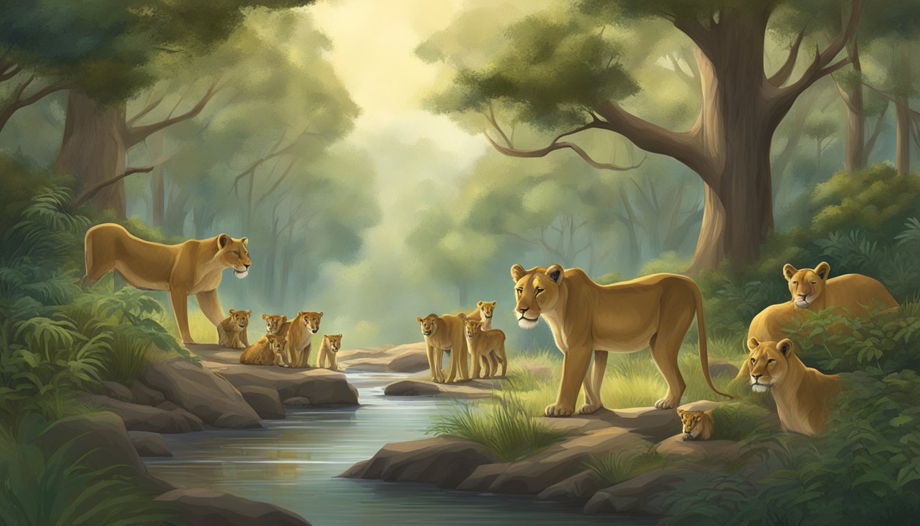 A serene forest with a diverse array of wildlife, including a lioness and her cubs, feasting on a fresh kill