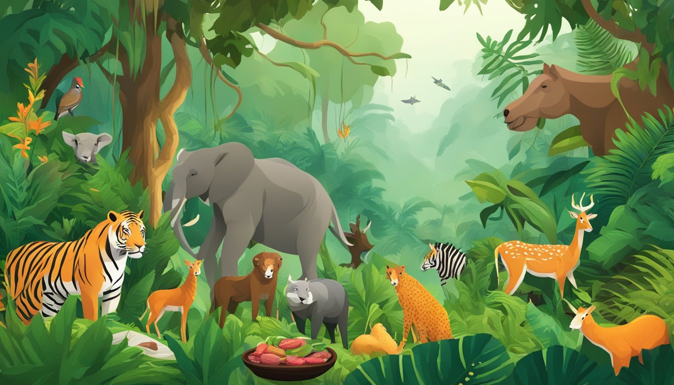 A lush, vibrant jungle setting with a variety of wild animals feasting on fresh, raw meat, showcasing the natural and primal aspect of the carnivore diet