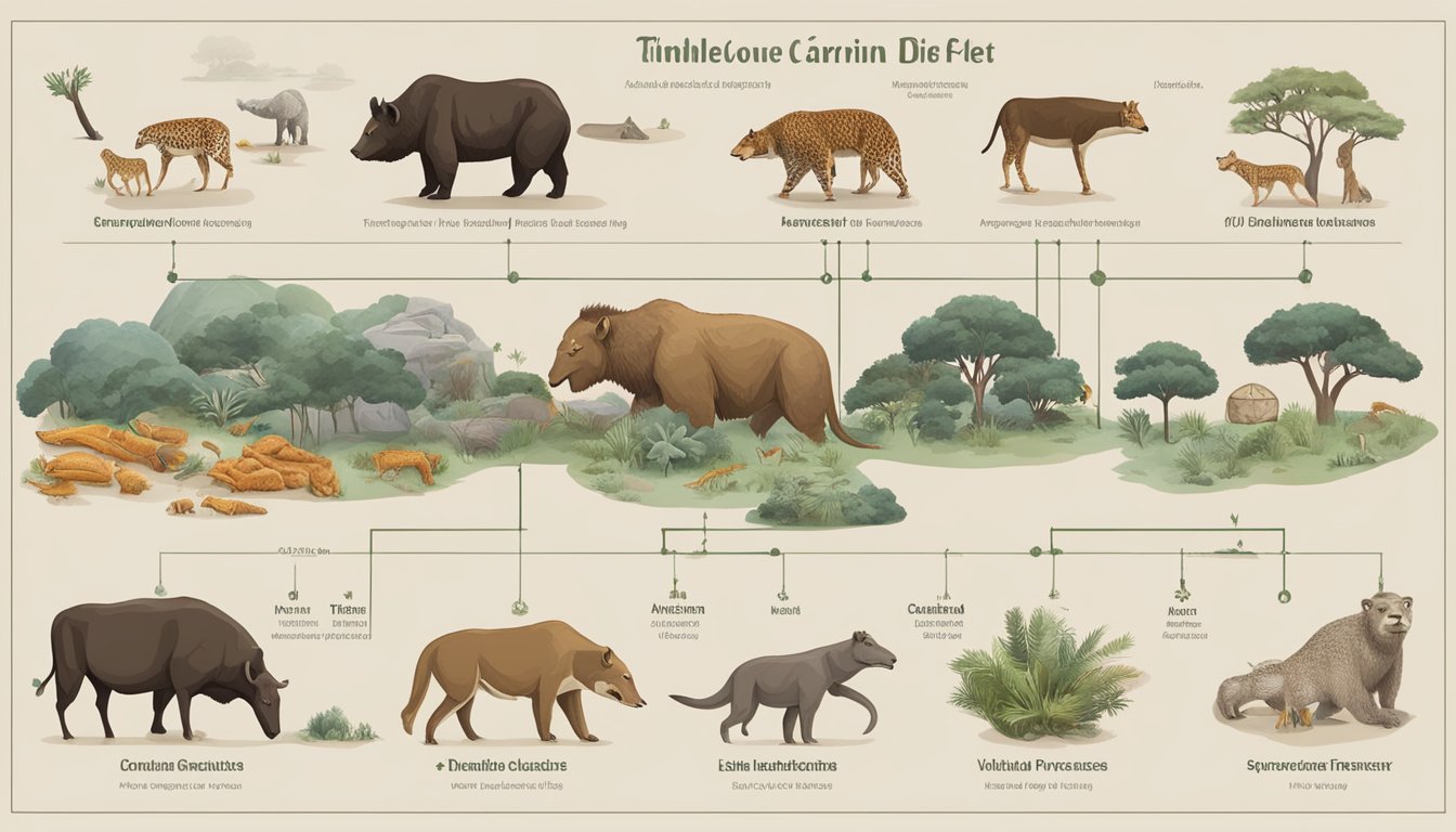 A timeline of carnivore diet leading causes of death from ancient times to present, depicted through symbolic imagery and visual representations