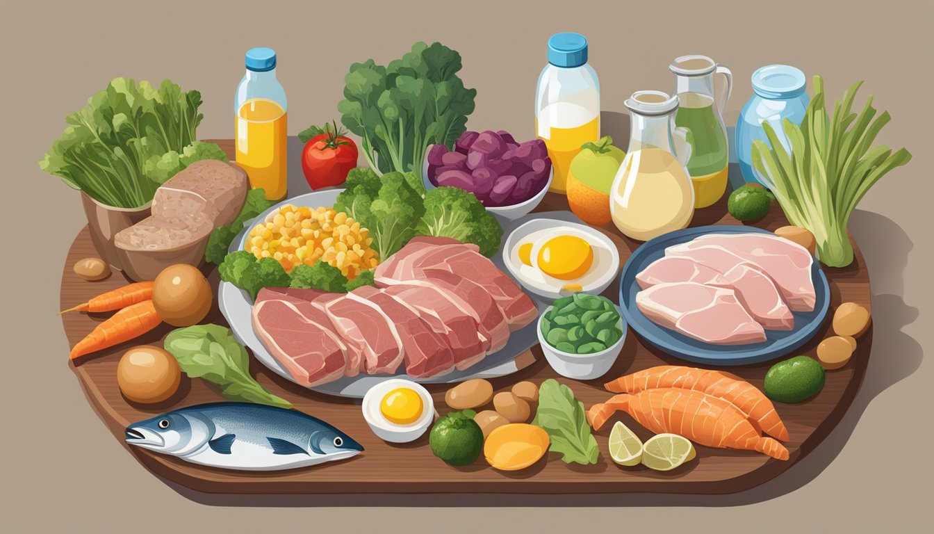 A table set with various meats, fish, and eggs, surrounded by colorful vegetables and fruits. A bottle of thyroid supplements sits next to a glass of water