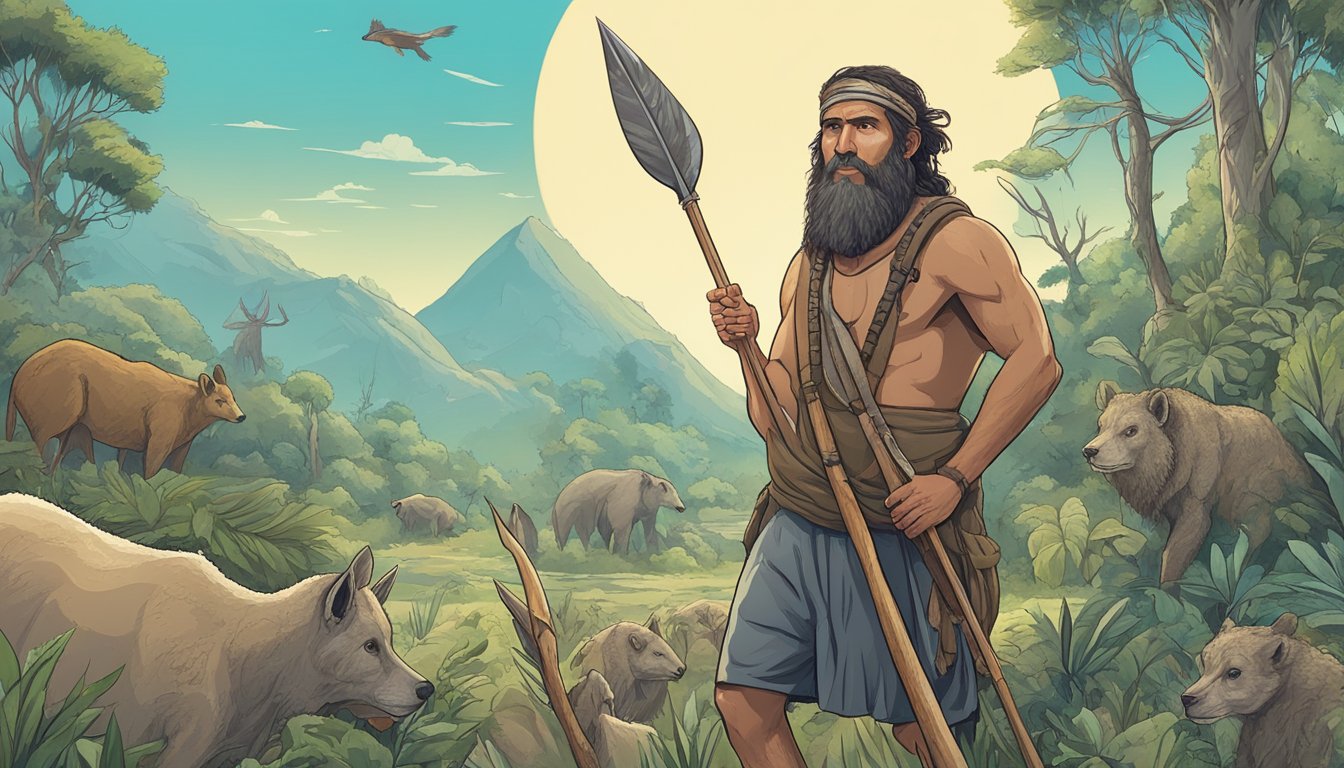 A prehistoric hunter-gatherer holding a spear stands amid a variety of fresh animal carcasses, surrounded by lush vegetation and a clear blue sky