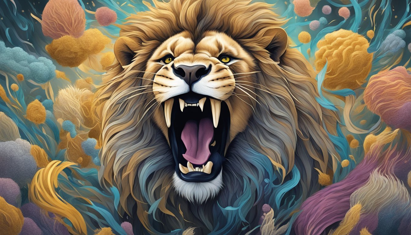 A roaring lion surrounded by a swirling mass of microscopic pathogens