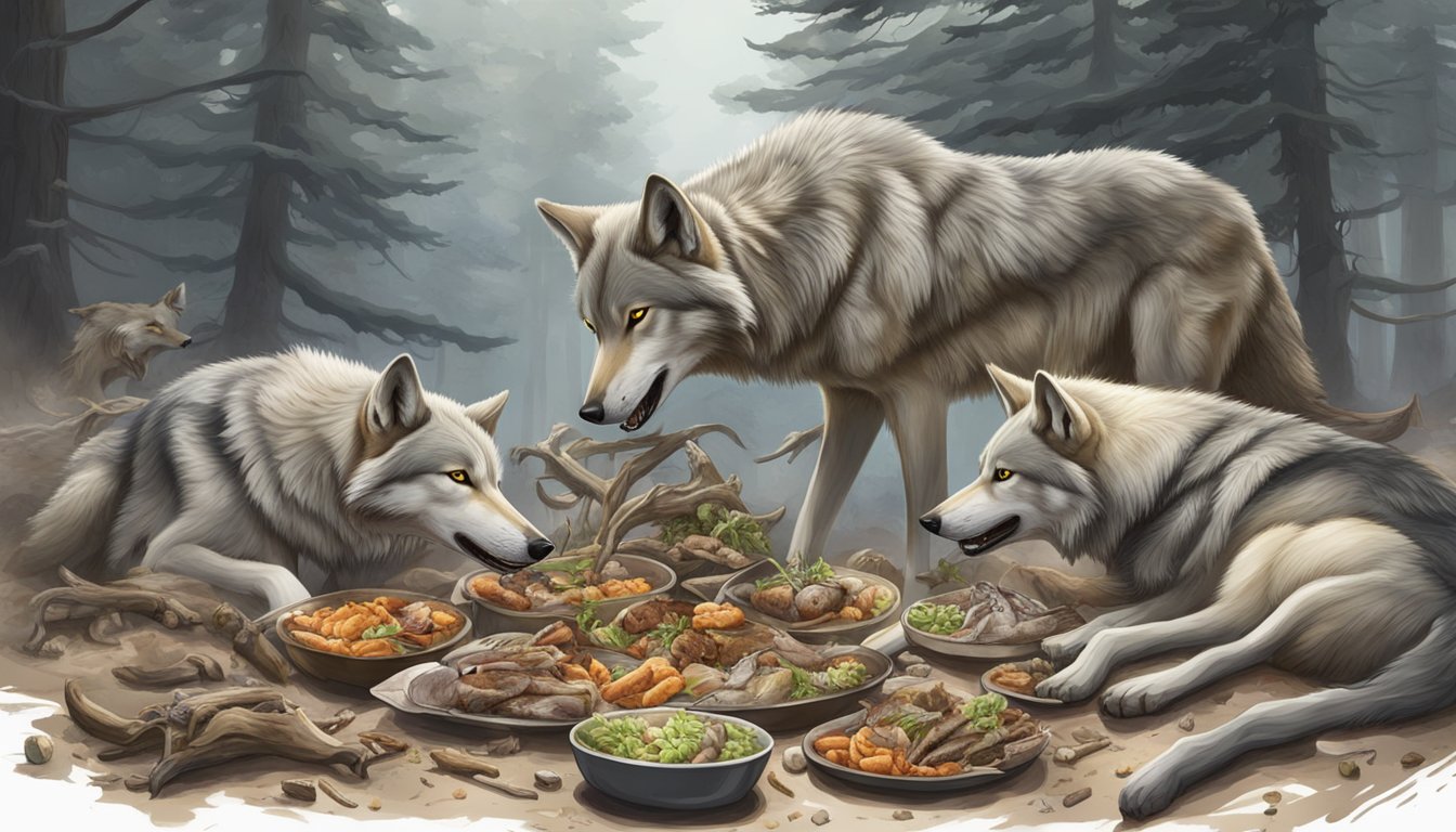 A wolf pack feasting on a fresh kill, surrounded by bones and remnants of their carnivorous diet