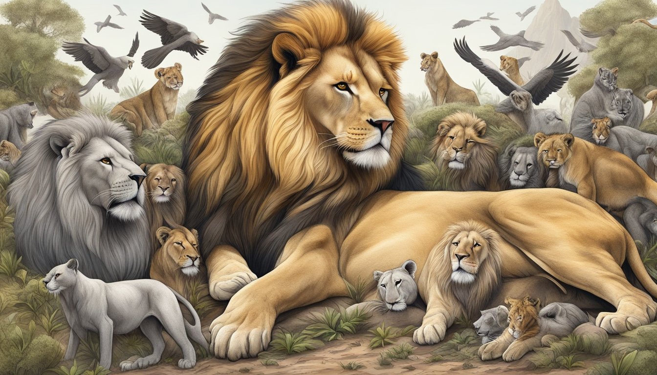 A lion surrounded by prey animals, representing the top 10 leading causes of death for carnivores