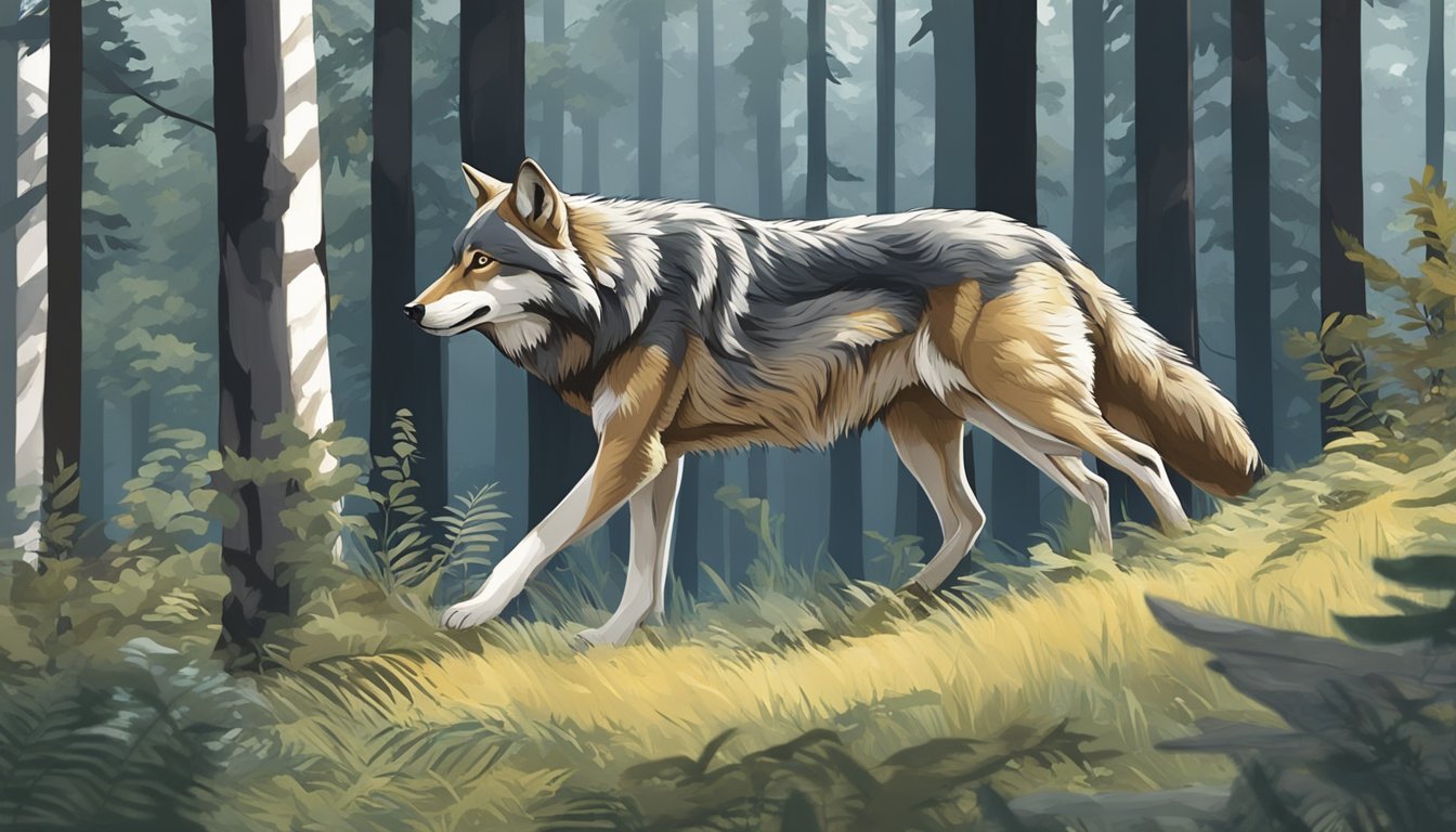 A wolf prowls through a dense forest, its sharp eyes fixed on a herd of deer grazing in a clearing. The predator moves with stealth and precision, ready to pounce on its prey