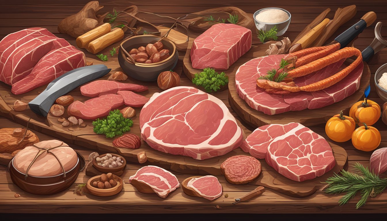 A variety of raw meats and animal products arranged on a wooden table, surrounded by hunting tools and wild animal illustrations