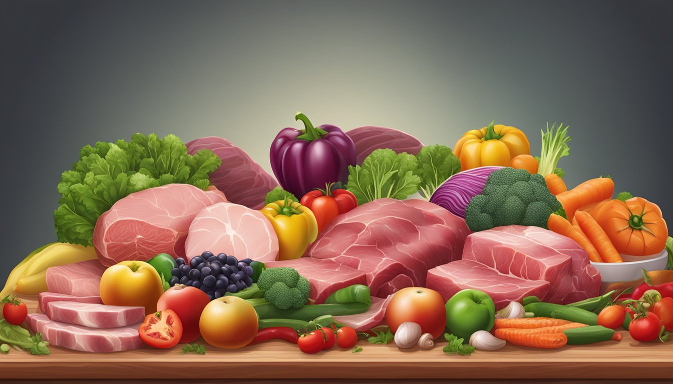 A variety of fresh, raw meats and organ meats arranged on a wooden cutting board, surrounded by vibrant, colorful vegetables and fruits