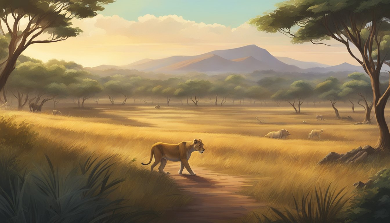 A lioness prowls through a savannah, surrounded by a variety of fresh, raw meat. In the distance, a lush forest provides a backdrop for the scene