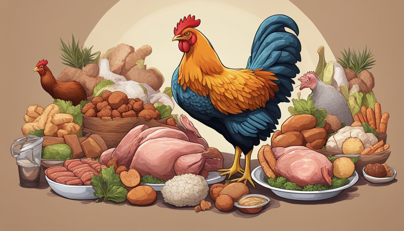 A plump chicken surrounded by various types of meat, bones, and raw animal products, with a fierce-looking carnivorous animal in the background