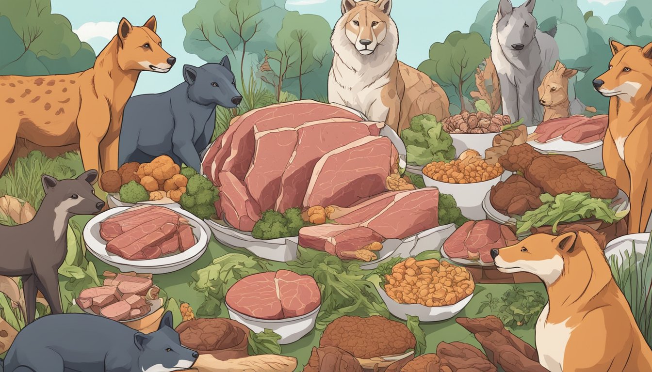 A group of wild carnivores surrounded by fresh meat and bones, with a banner in the background reading "FAO 2023 Report Confirms Carnivore Diet Policy and Future Directions."