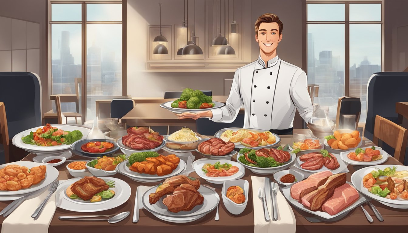 A waiter presenting a variety of meat dishes on a restaurant table