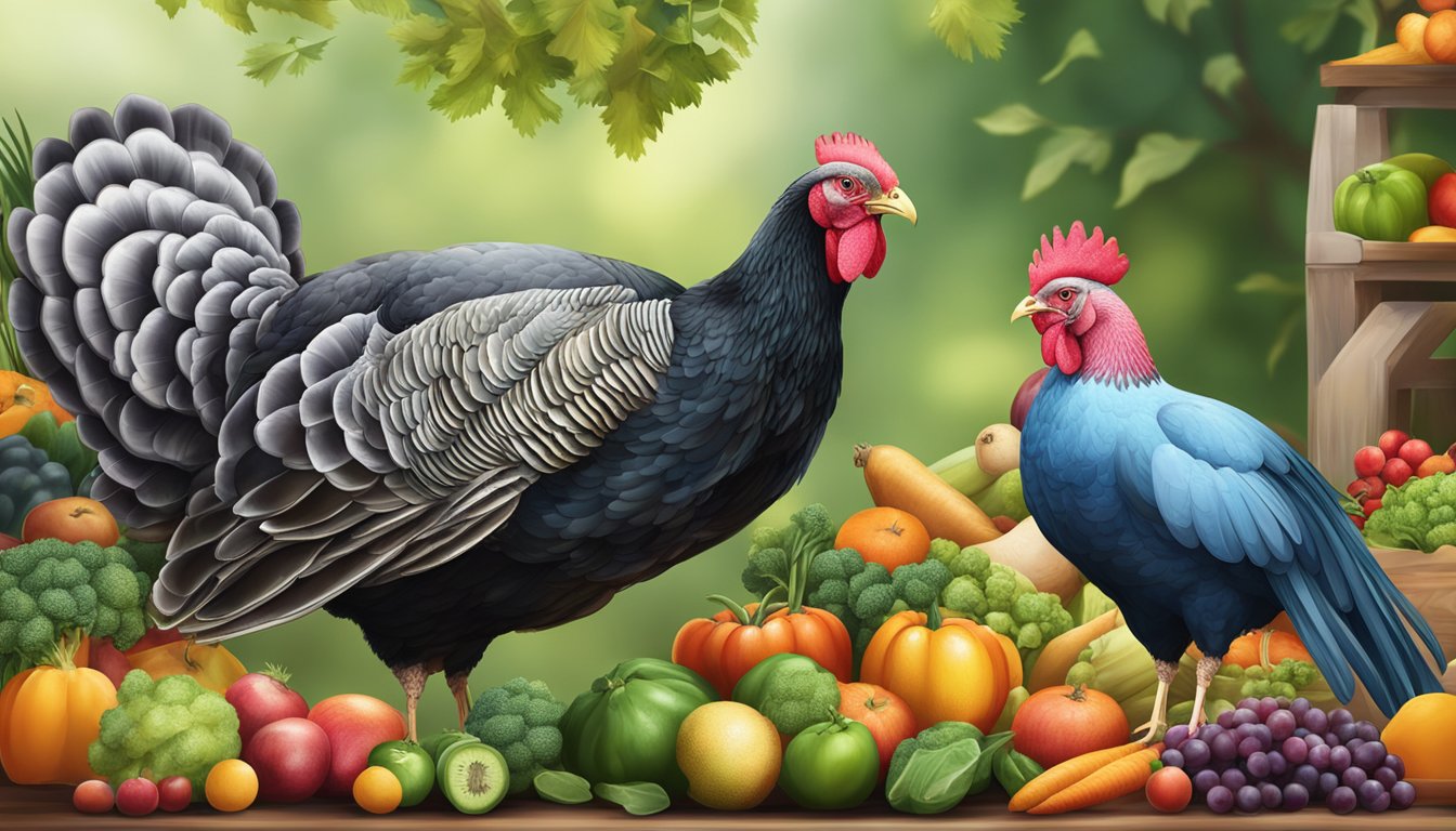 A turkey and a chicken surrounded by various fruits and vegetables, with a scale in the background