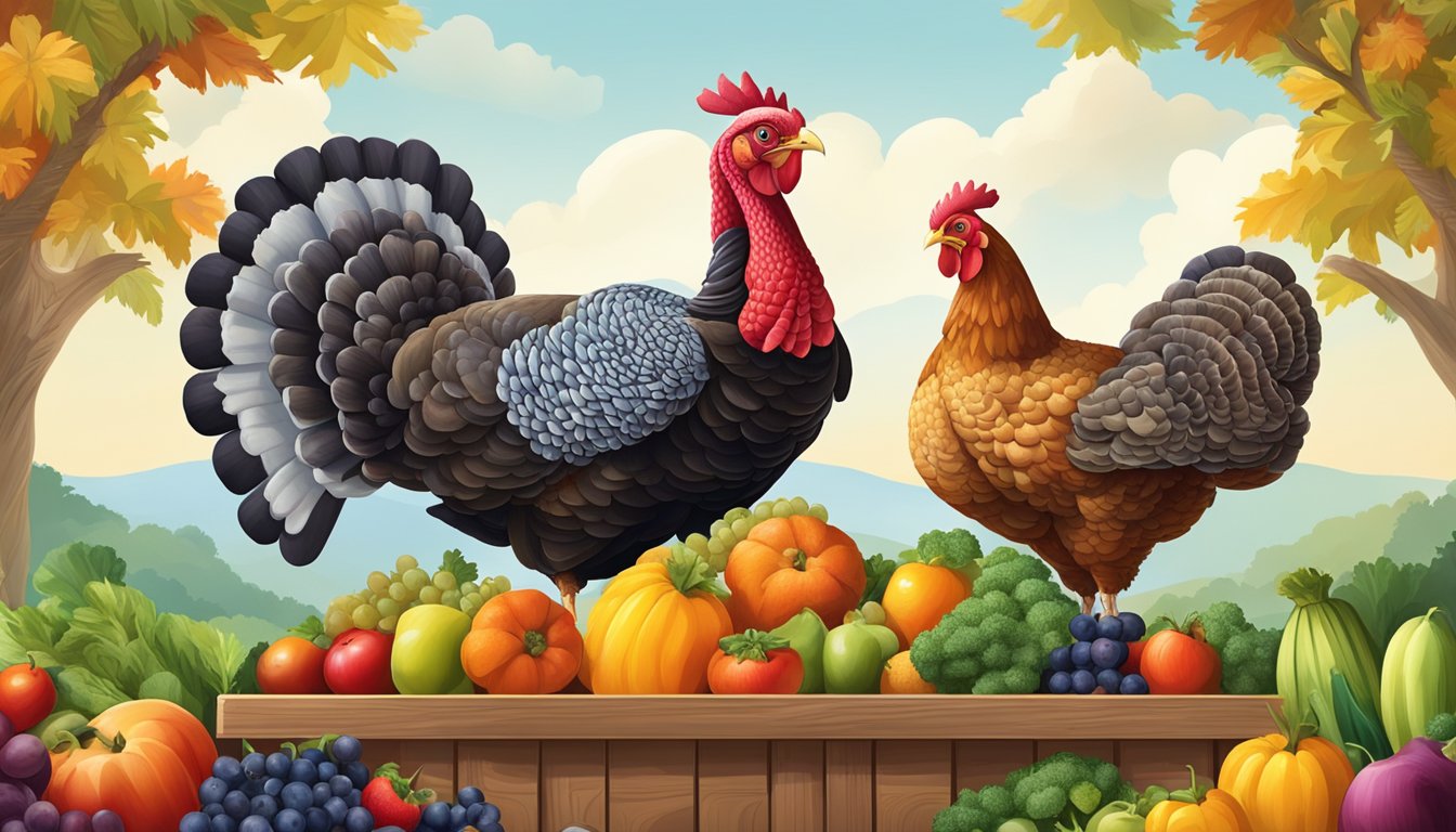 A turkey and a chicken standing side by side, with a variety of fruits and vegetables surrounding them