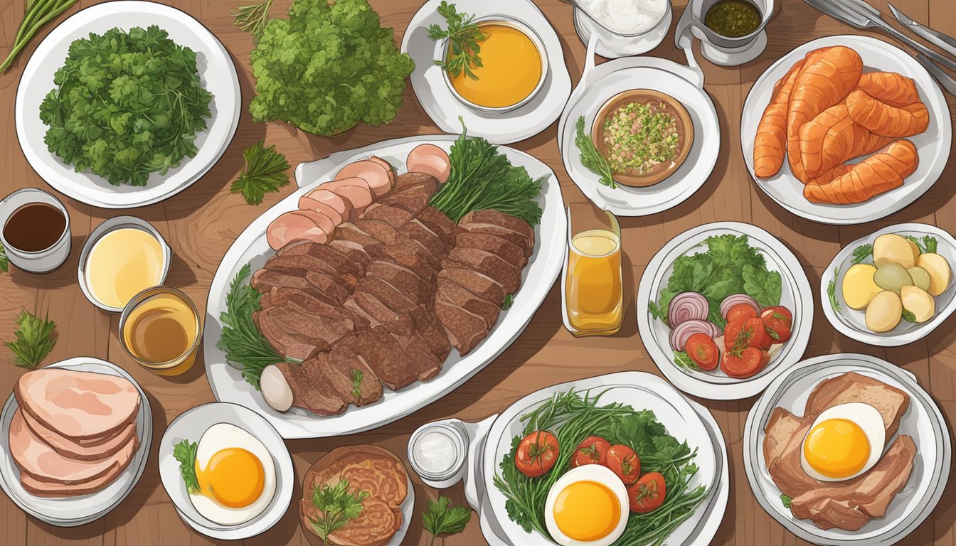 A table set with a variety of meats, eggs, and non-starchy vegetables, with a side of bone broth and mineral water