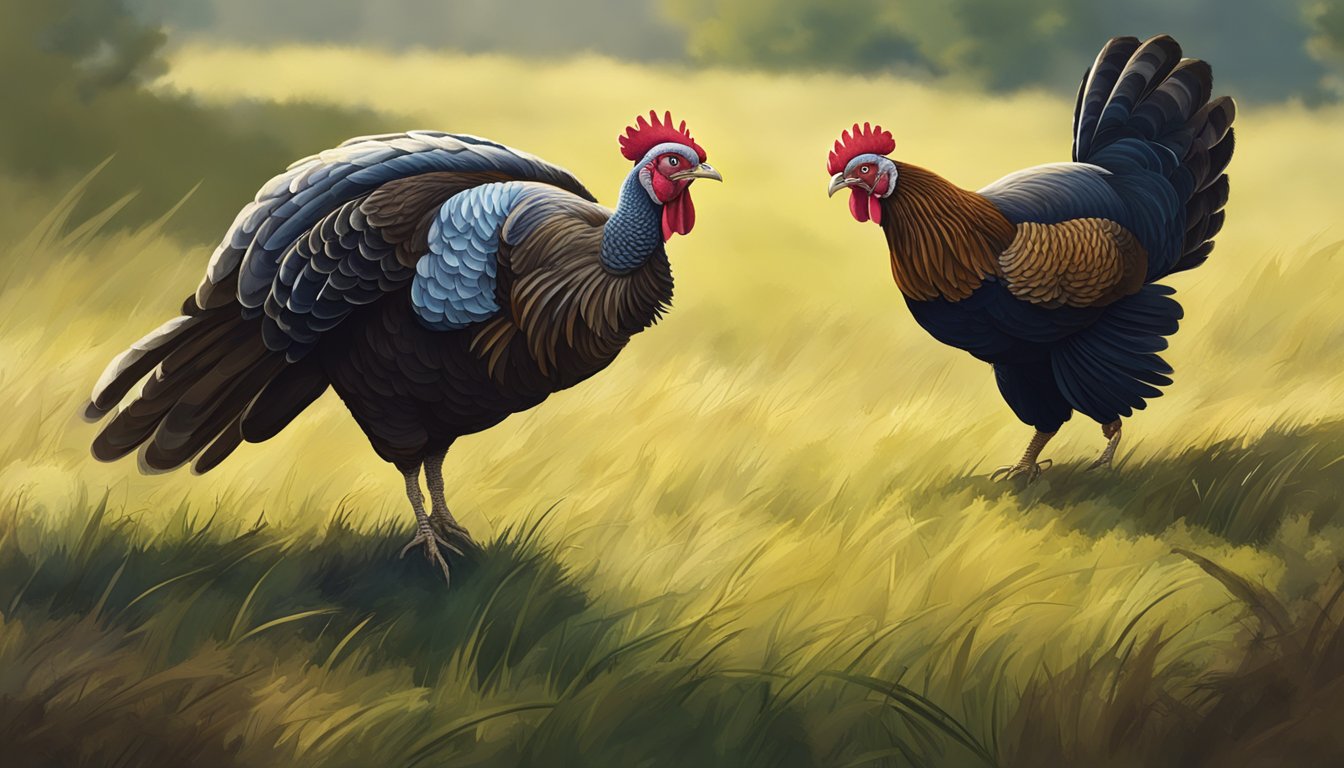 A fierce turkey and chicken face off in a grassy clearing, ready to defend their territory