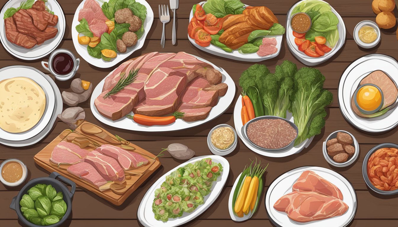 A restaurant table set with a variety of fresh meats, vegetables, and healthy fats. A menu with carnivore-friendly options displayed on the table