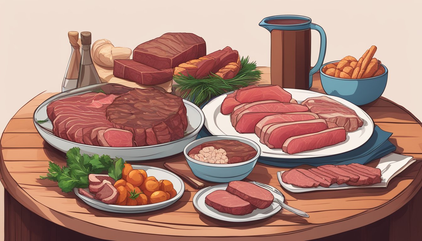 A table set with a variety of raw meats, including beef, pork, and poultry. A stack of books on the carnivore diet sits nearby