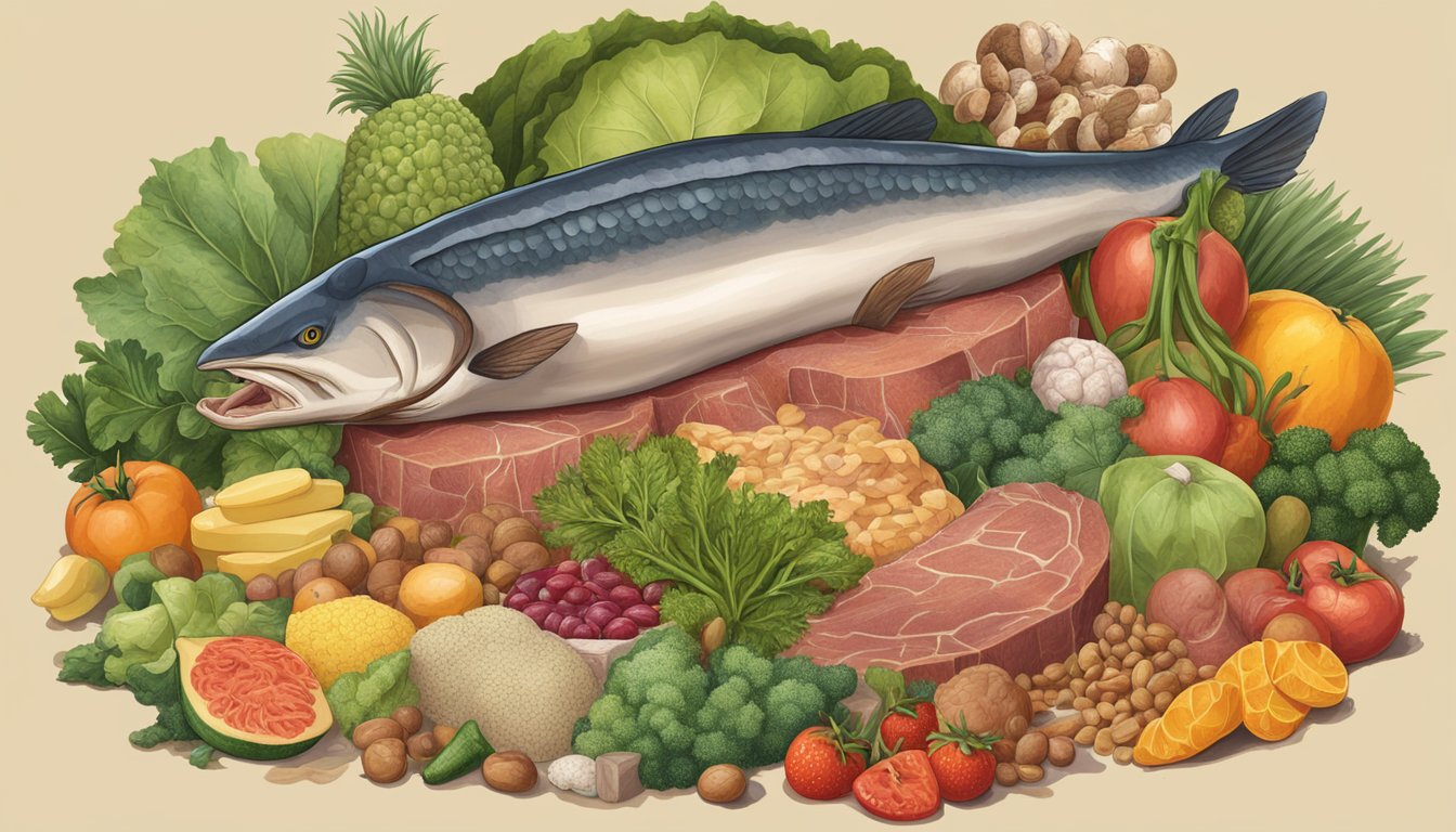 A carnivorous animal consuming a large portion of liver, surrounded by various sources of vitamin A