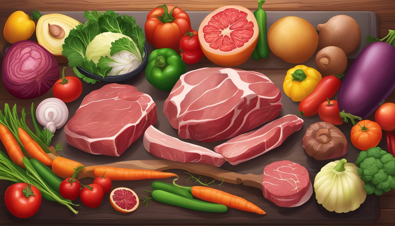 A variety of fresh, raw meats and organs laid out on a wooden cutting board, surrounded by vibrant, colorful vegetables and fruits