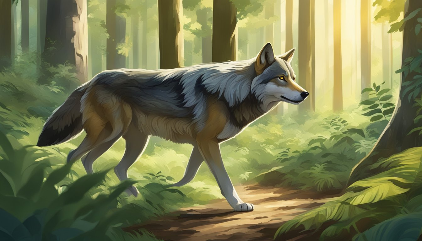 A wolf prowls through a forest, surrounded by lush greenery and wildlife. The sun shines down, casting dappled light on the carnivore as it hunts for its next meal