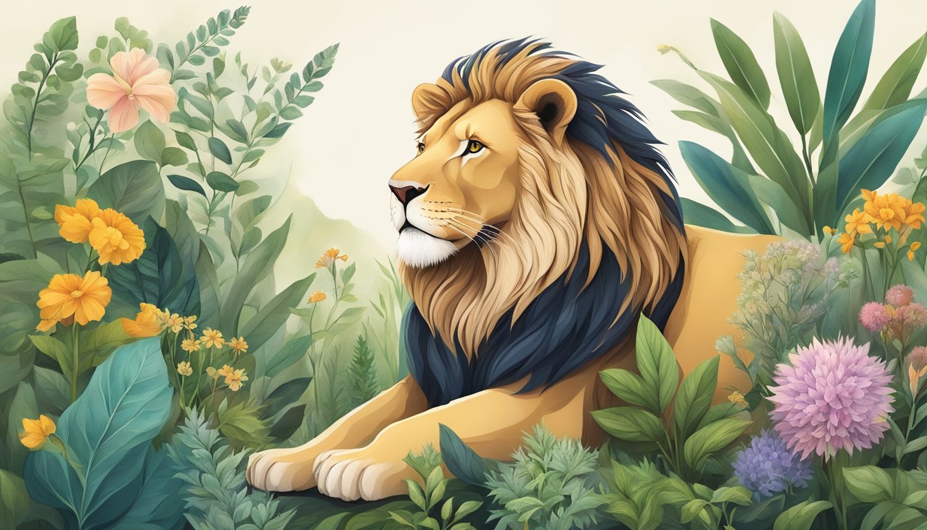 A lion surrounded by various healing herbs and plants, with a peaceful and serene atmosphere