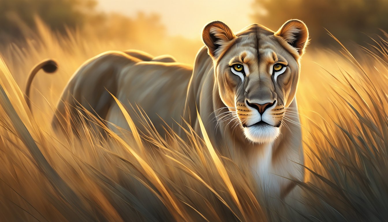 A lioness prowls through tall grass, hunting for prey in the savannah. The golden sunlight illuminates her sleek, powerful form as she moves with purpose