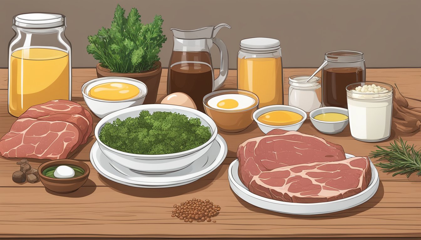 A carnivore diet: raw meat, eggs, and bone broth on a wooden table with digestive supplements and anti-inflammatory herbs