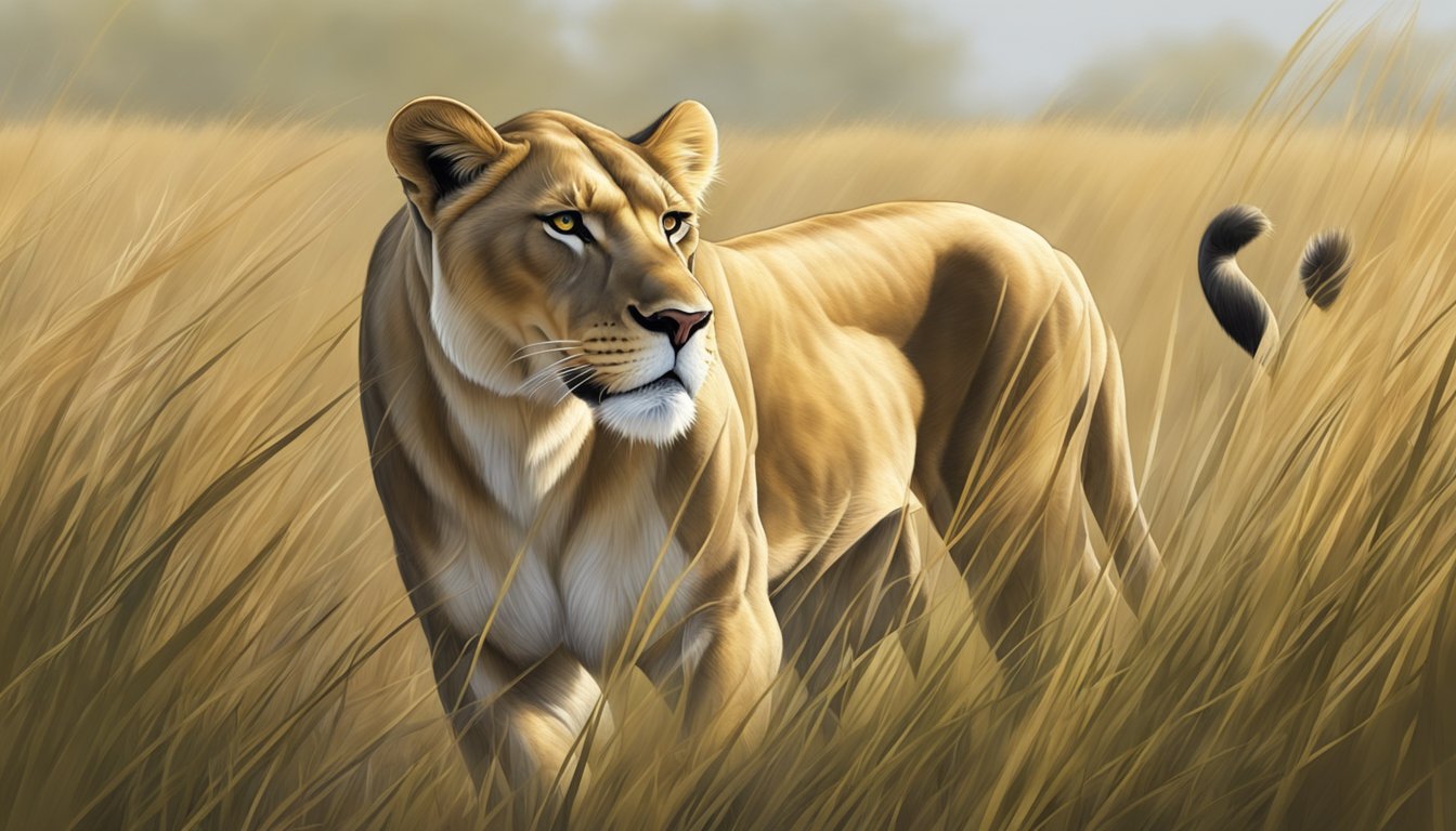 A lioness prowls through a grassy savanna, her powerful muscles rippling beneath her sleek coat as she hunts for her next meal