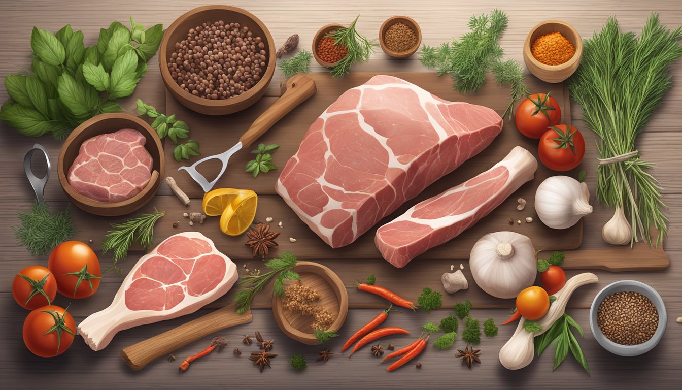 A variety of high-quality meats and bones arranged on a wooden table, surrounded by fresh herbs and spices