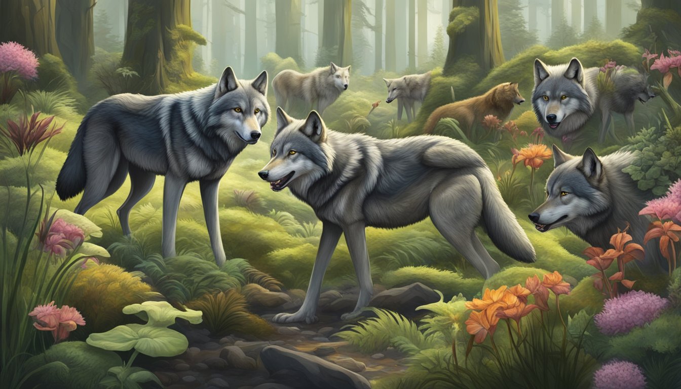 A pack of wolves feasting on a fresh kill, surrounded by a variety of carnivorous plants and animals in a lush, untamed wilderness