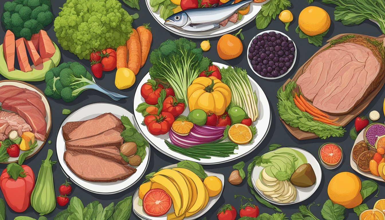 A variety of fresh, colorful fruits and vegetables arranged around a plate of lean meats and fish, highlighting the diverse and nutrient-rich options of a carnivore diet