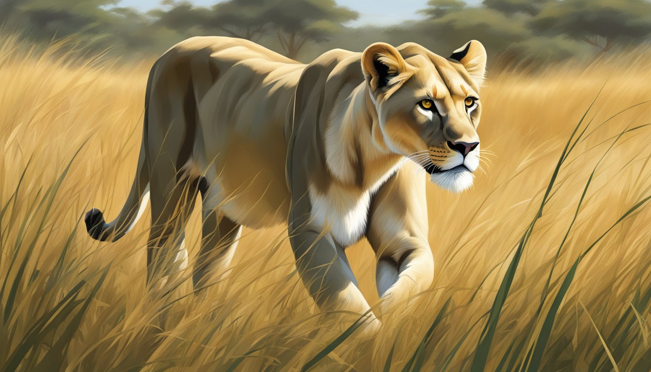 A lioness prowling through tall grass, stalking prey in the African savanna