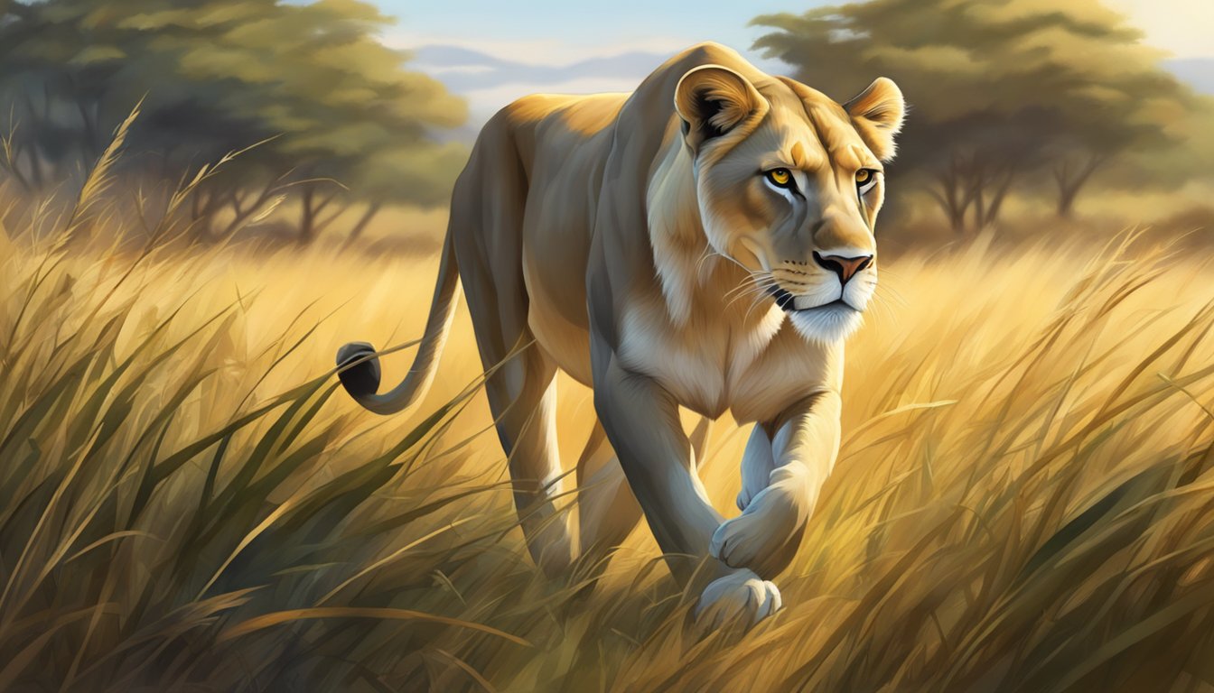 A lioness prowls through a lush savanna, stalking her prey with focused determination. The powerful predator embodies the essence of the carnivore diet